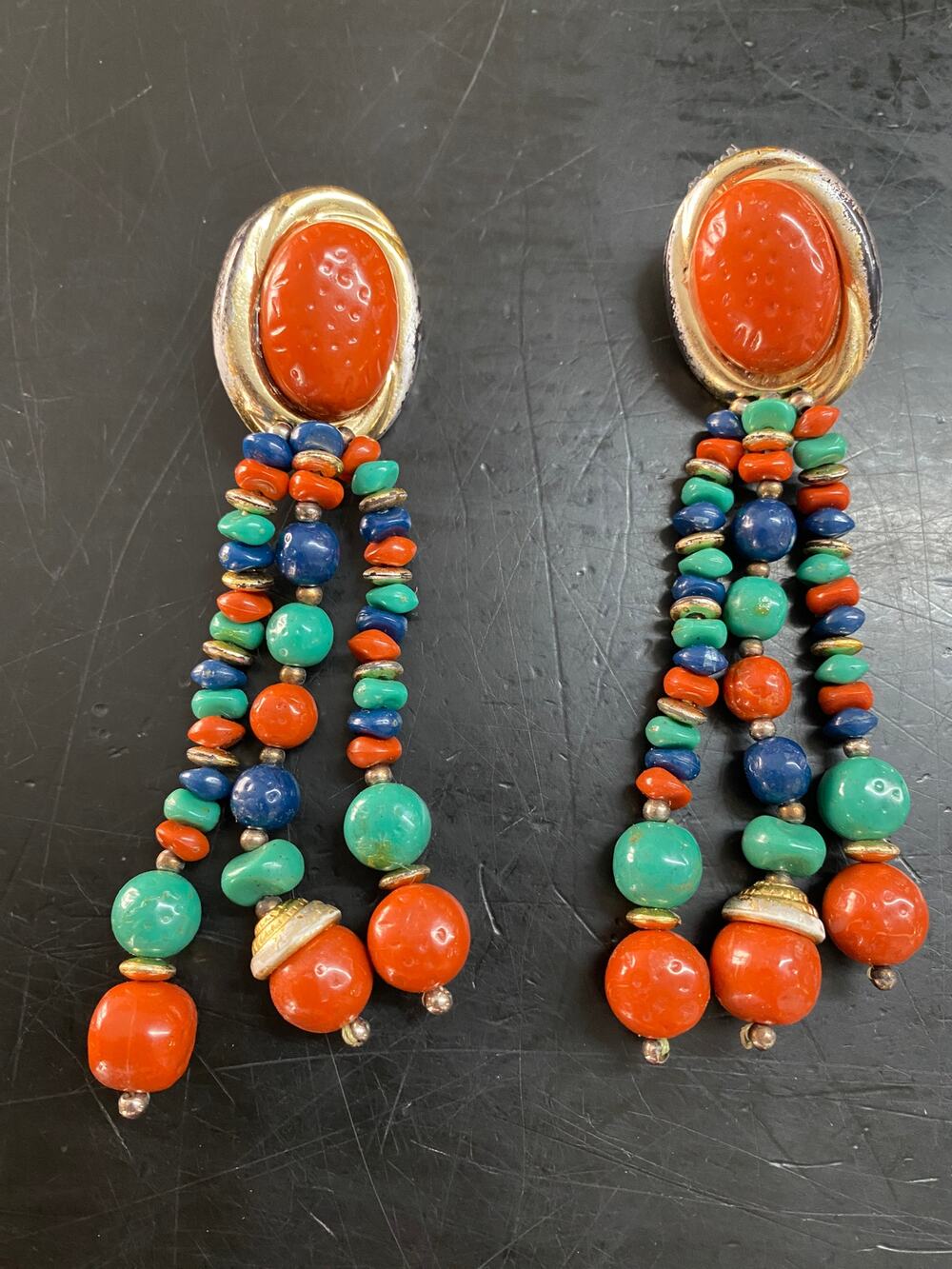 vintage 1980s long beaded earrings, 80s statement jewelry, chunky, southwestern